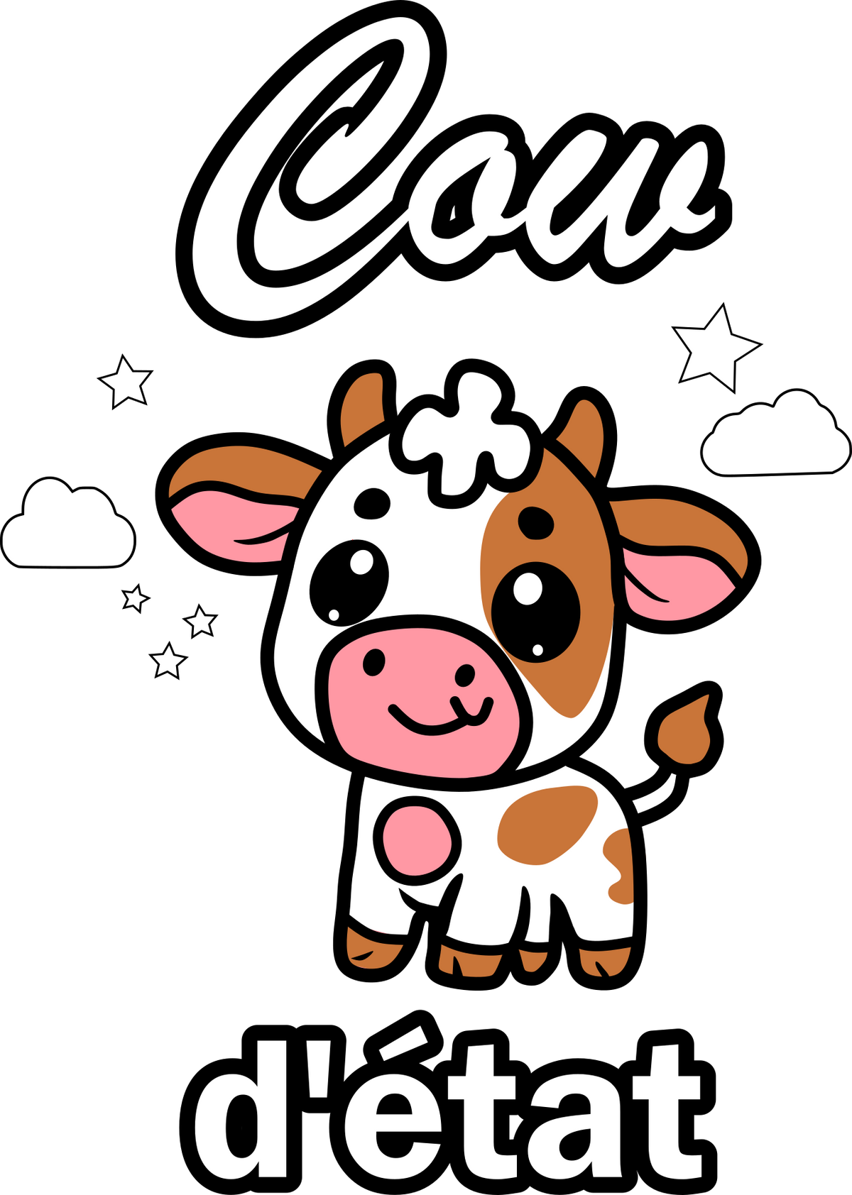 Motif « Cow d’état » : petite vache entourée des mots Cow d’état.