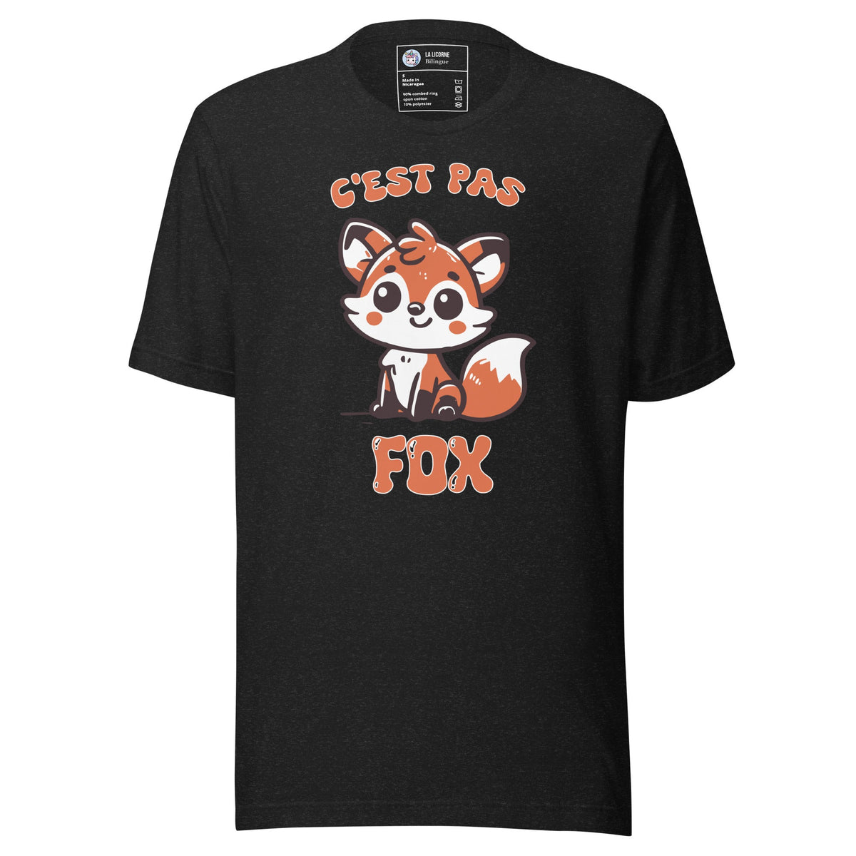 T-shirt adulte unisexe noir chiné « C’est pas fox », vue du vêtement entier de face.