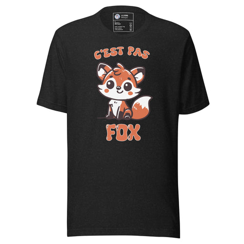 T-shirt adulte unisexe noir chiné « C’est pas fox », vue du vêtement entier de face.