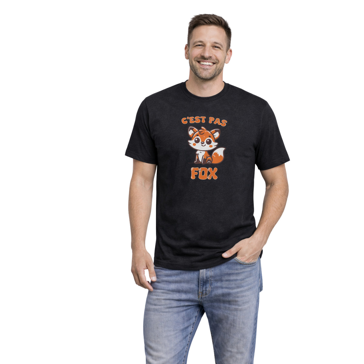 T-shirt adulte unisexe noir chiné « C’est pas fox », vue portée.