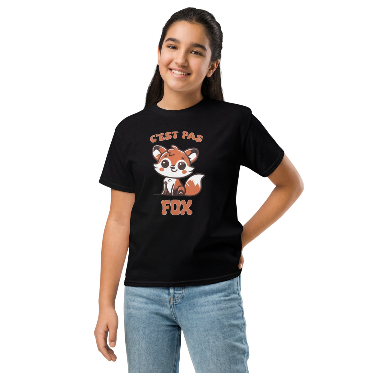 T-shirt enfant noir « C’est pas fox », vue portée.