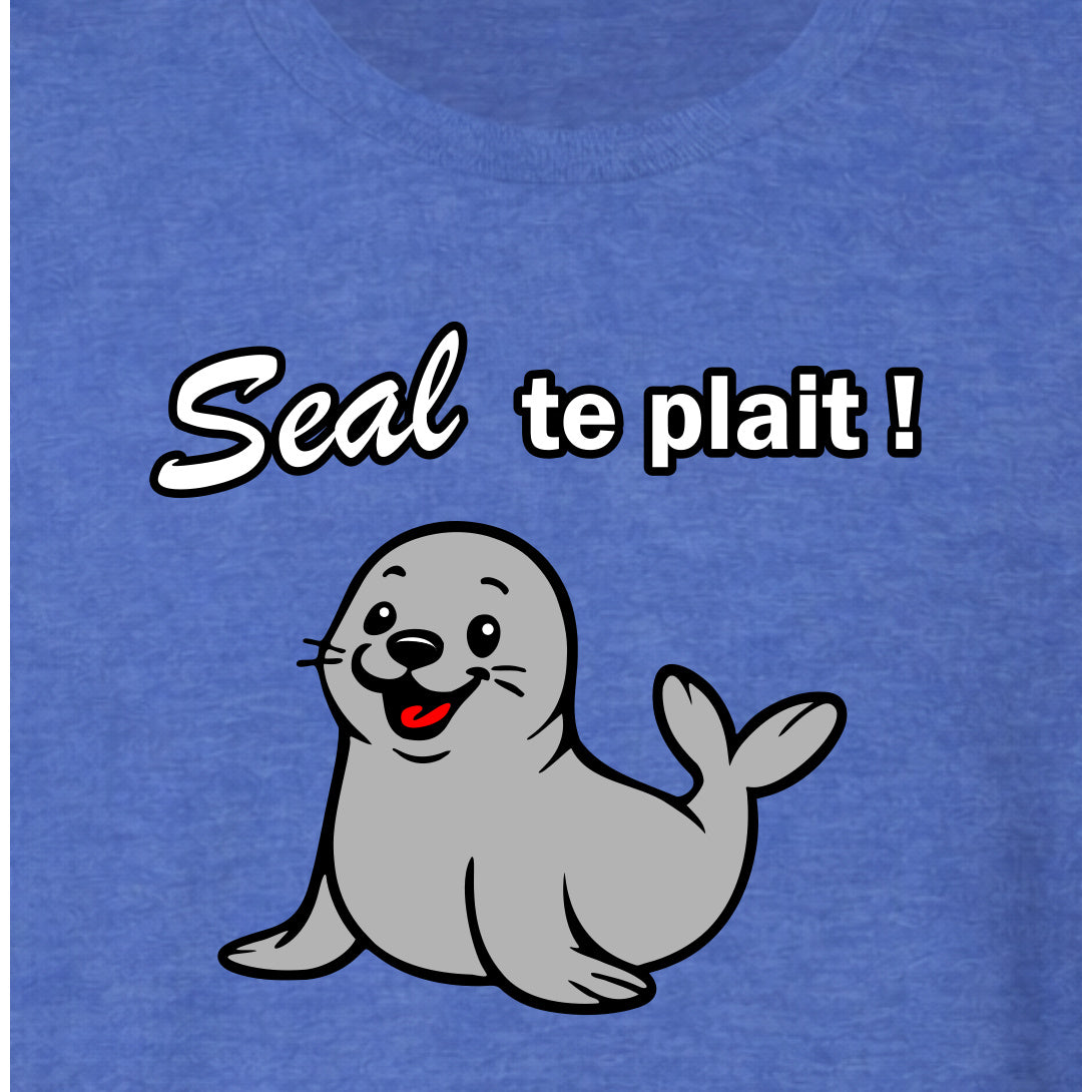 T-shirt adulte unisexe bleu chiné « Seal te plaît ! », détail du motif.