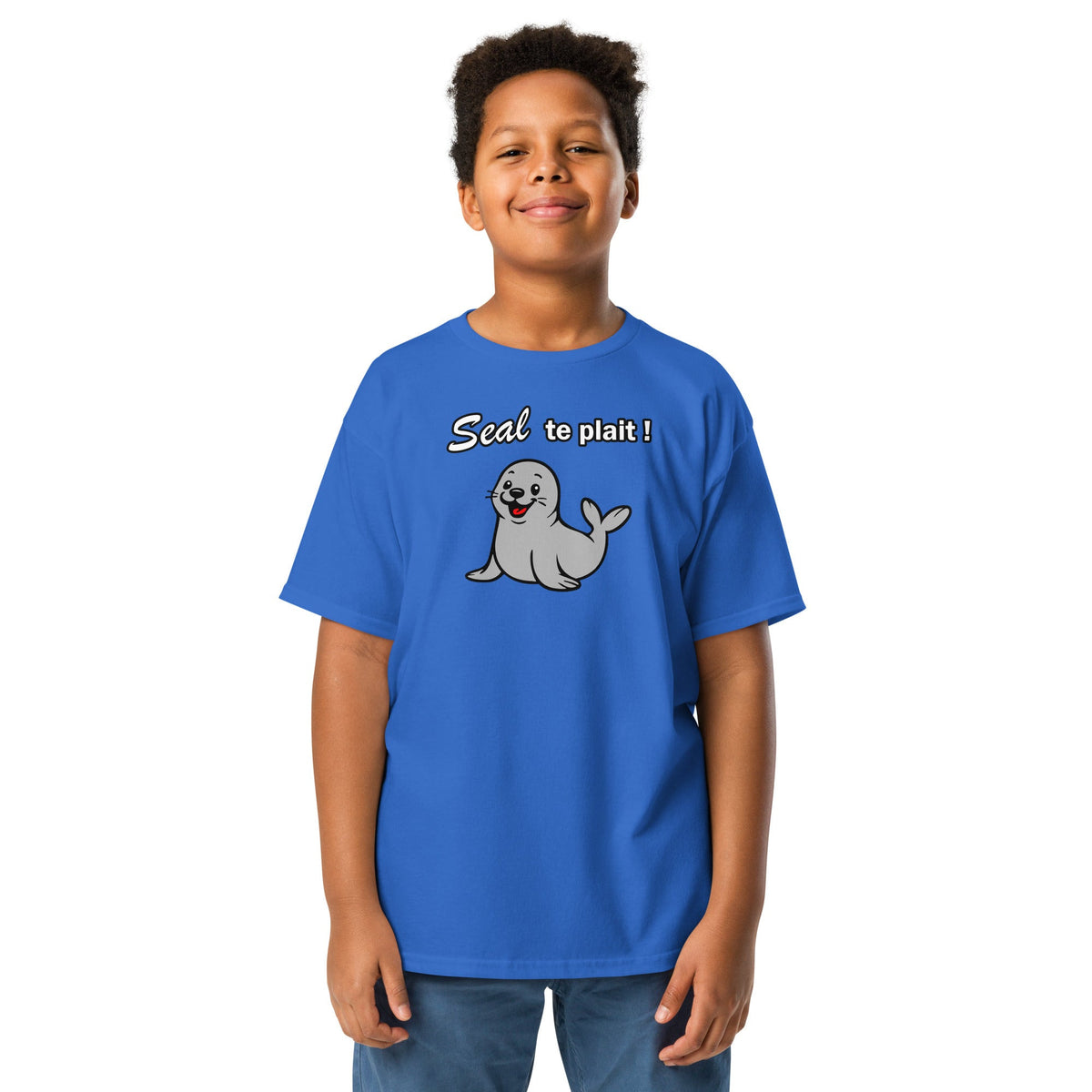T-shirt enfant bleu royal « Seal te plaît ! », vue portée.