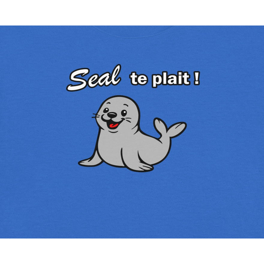 T-shirt enfant bleu royal « Seal te plaît ! », détail du motif.